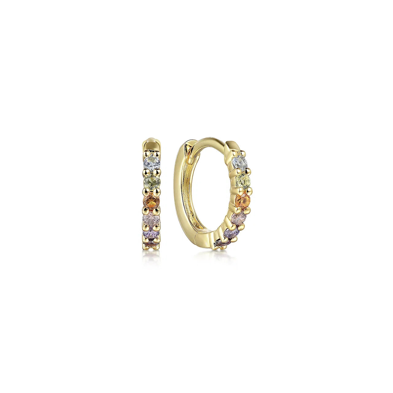 10mm 14K Yellow Gold Rainbow Color Stone Huggie Earrings