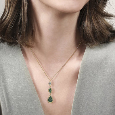 14K Yellow Gold Diamond and Malachite Rope Drop Pendant Necklace