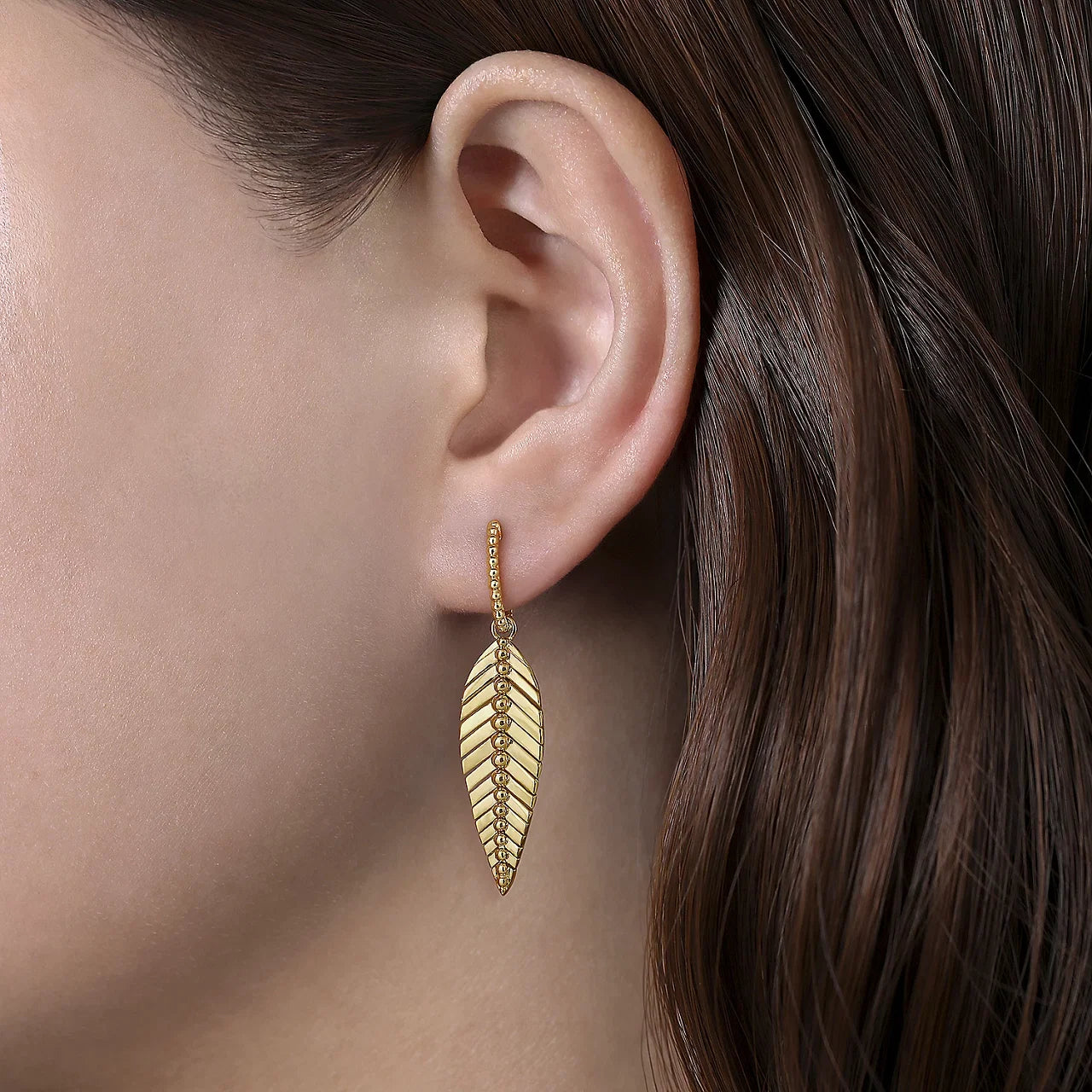 14K Yellow Plain Gold Huggie Drop Leaf Earrings