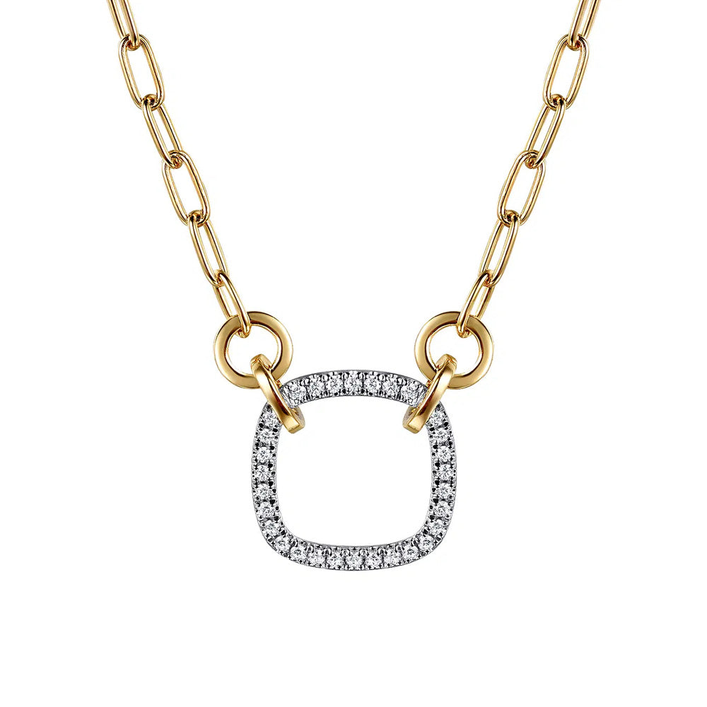14K White Yellow Gold Open Cushion Shape Diamond Hollow Paperclip Chain Necklace