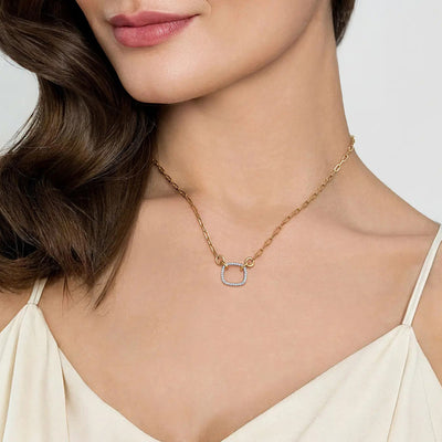 14K White Yellow Gold Open Cushion Shape Diamond Hollow Paperclip Chain Necklace