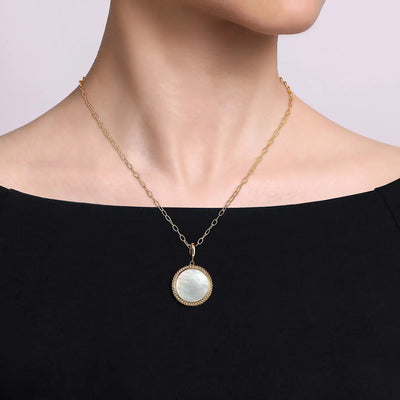 14K Yellow Gold Round Mother of Pearl Inlay Pendant