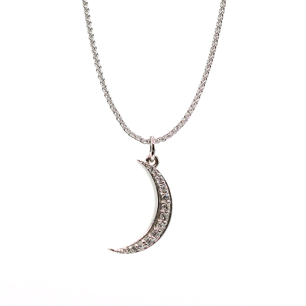 14K White Gold Diamond Crescent Moon Pendant